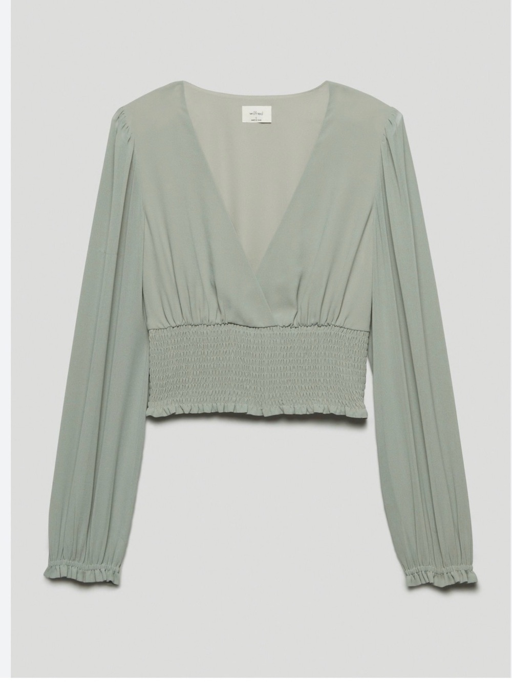 Aritzia Wistful Sage Green Smocked-Waist V-Neck Blouse - Picture 3 of 7
